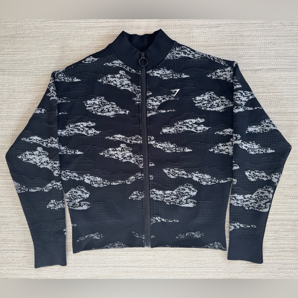 Gymshark Adapt Camo Seamless Track Jacket black grey long sleeve zip up women XS